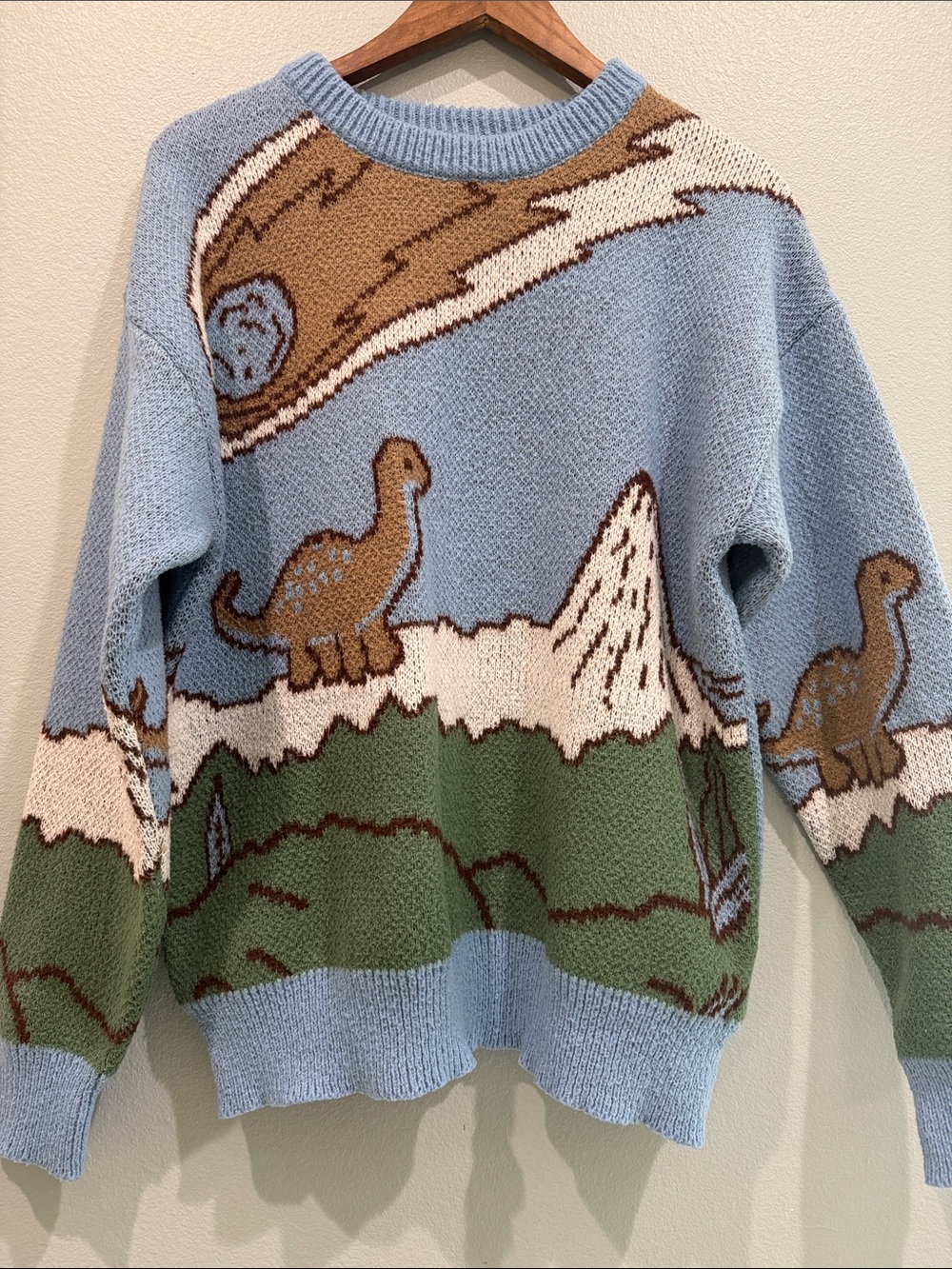Dinosaur Knit Novelty Sweater Meteor Comet Landscape Unisex Science Teacher Lg